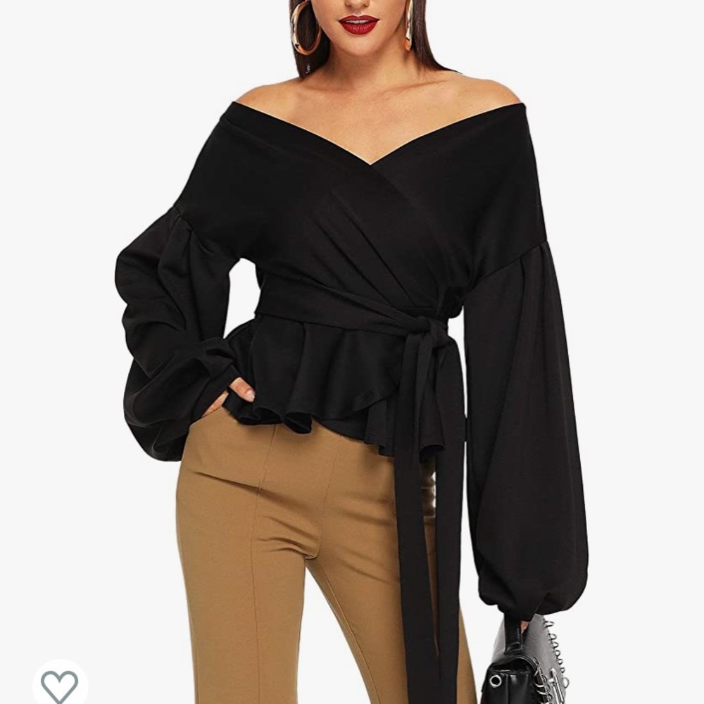 SheIn Women's Long Sleeve Neck Ruffle Blouse Off Shoulder Tie Waist Wrap Top L